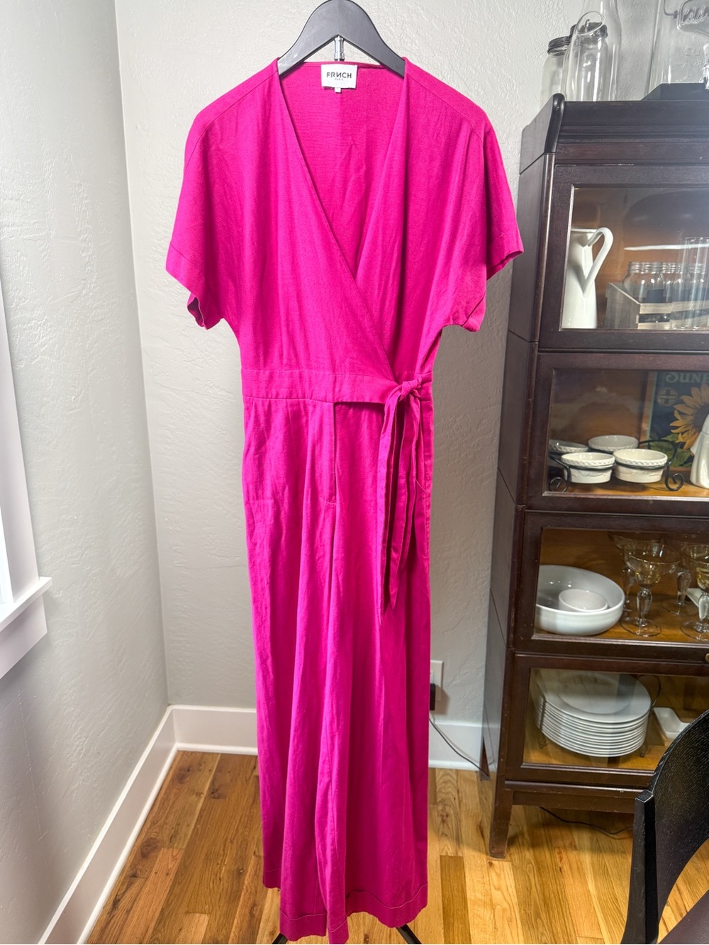 FRNCH Paris Fuchsia Linen Blend Wrap Jumpsuit Wide Leg Tie Waist Size S